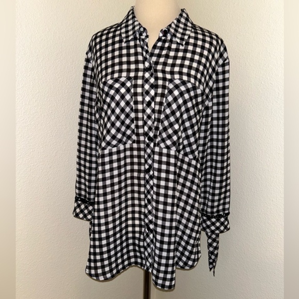 IMNYC Isaac Mizrahi Black White Shirt Top 3/4 sleeves Ties XL